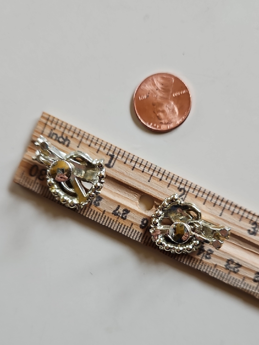 Silver Tone Earrings with Green Baguette Stones and Clear Rhinestones Screw On - Picture 2 of 5